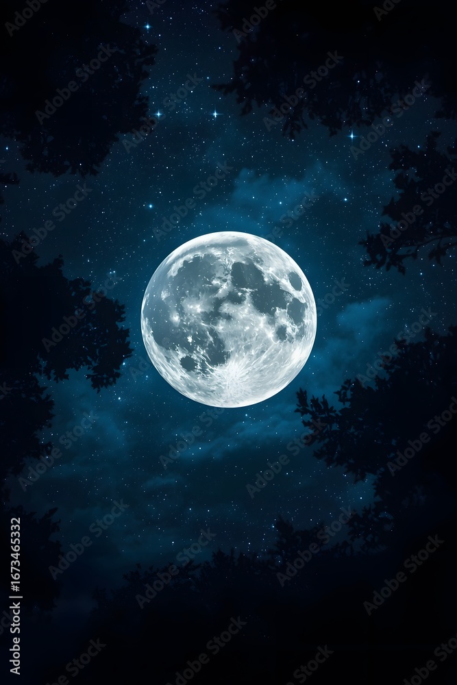 Naklejka premium Bright full moon glowing in the night sky surrounded by stars and framed by dark silhouettes of trees, creating a mystical and atmospheric celestial landscape perfect for background or wallpaper.