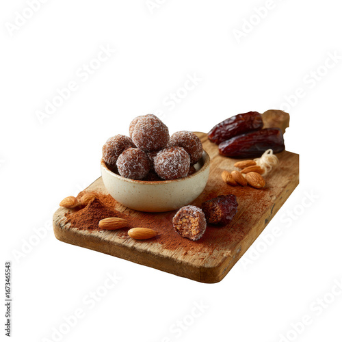 Delicious Homemade Date and Almond Energy Balls on Rustic Wooden Board