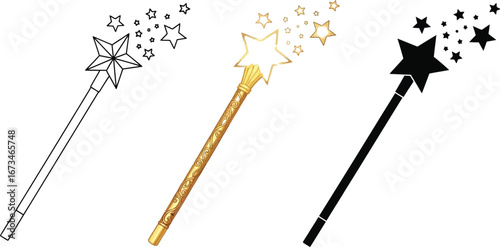 Illustration of a magic wand in three styles outline, color, and silhouette