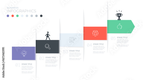 Five stages or steps. An infographic template with text blocks and icons