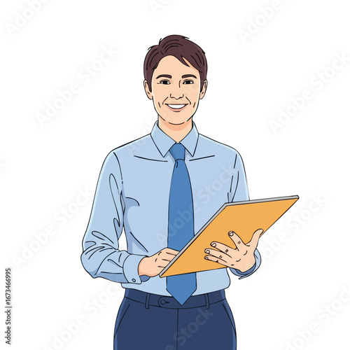 Professional man holding a clipboard in a business setting with a confident smile and professional attire 