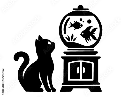 silhouette of a cat looking at a fish, vector illustration

