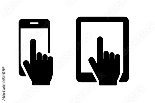 Hand touching screen of smartphone and tablet in digital interaction