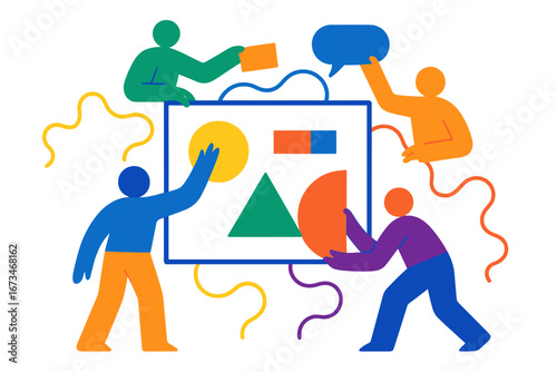 Collaborative teamwork in a creative workshop with colorful shapes