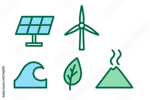 Renewable energy icons representing solar wind ocean leaf and volcano