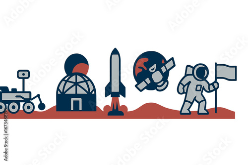 Outer space exploration with rockets and astronauts in vector