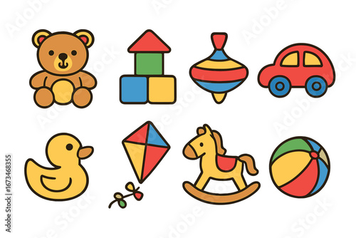 Colorful vector illustrations of classic children's toys for playtime