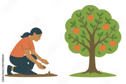 Gardening effort with a woman planting seeds near a fruit tree