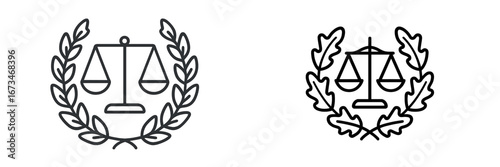 Minimalist vector illustration of legal scales within a laurel wreath