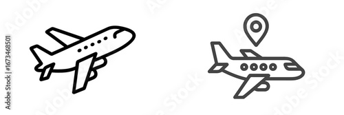 Traveling by air with aircraft and location markers in vector design