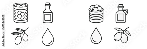 Vector illustration of olives and olive oil in various containers