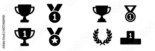 Trophy and medal icons set for award and achievement recognition