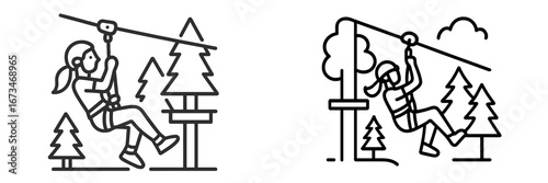 Vector illustration of people enjoying zip lining in a forested area