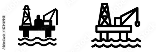 Industrial offshore drilling rigs in dark silhouette style