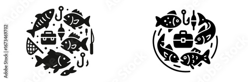 Vector illustration of fishing tools and fish in a circular design