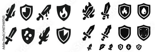 Vector illustrations of swords and shields for game design