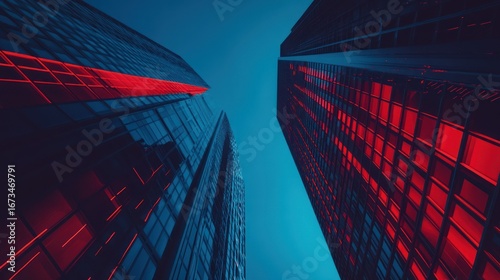 abstract,geometric architecture,converging lines,deep blue and red color palette,dynamic perspective,futuristic,surreal,city scape,urban,complex shapes
