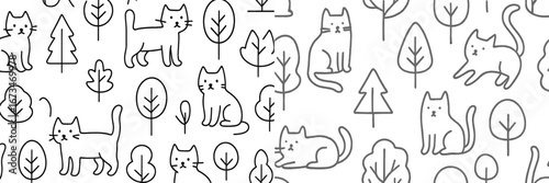 Pattern of playful cats among trees and plants in a vector design