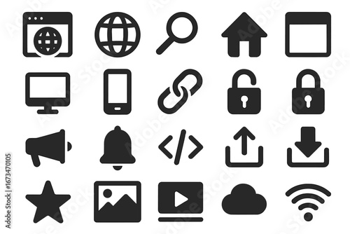 Digital communication and technology icons in black vector style