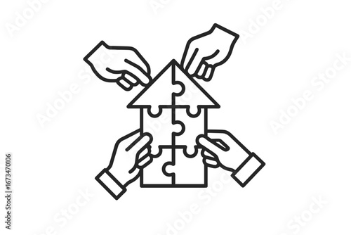 Hands working together to assemble a puzzle house design