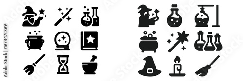 Magic elements and alchemy tools in black vector illustration