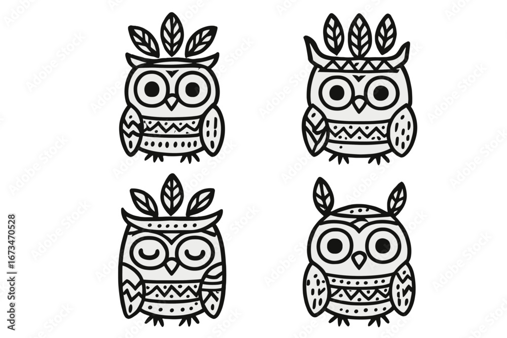 Fototapeta premium Tribal art: set of 4 unique owl illustrations