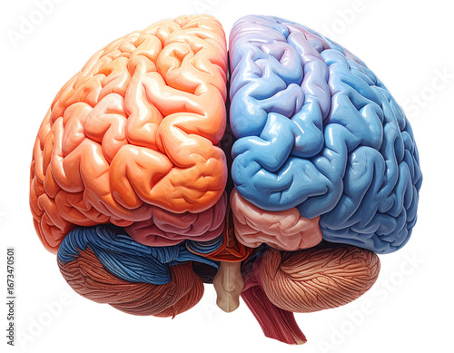 3D Brain Model with Orange and Blue Hemispheres, Front View, Isolated Transparent Background PNG