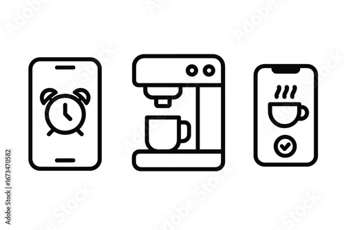Coffee making process with smartphone and coffee machine illustration