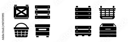 Variety of vector illustrations of baskets and crates for storage