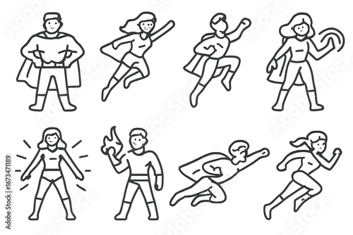 Superhero characters engaging in various heroic activities
