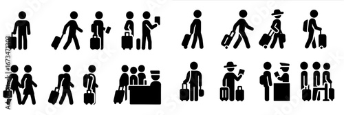 Travelers with luggage engaging in various airport activities