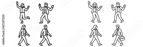 Office workers celebrating and commuting in vector illustration