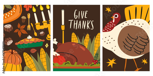 Thanksgiving festive backgrounds with cartoon turkey bird, roast turkey, pumpkin pie, candles, cutlery and autumn elements in retro groovy style. Hand drawn autumn holiday poster set