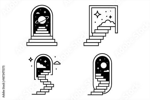 Stairs leading to cosmic destinations and dreamlike landscapes