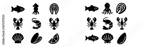 Seafood icons collection featuring various marine animals and shells