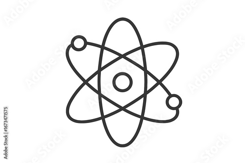 Stylized vector illustration of an atom in black outline design