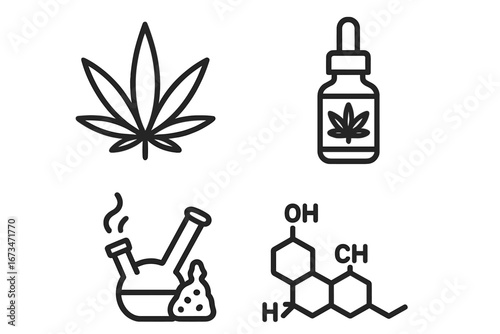Diverse cannabis-related symbols showcasing products and extracts