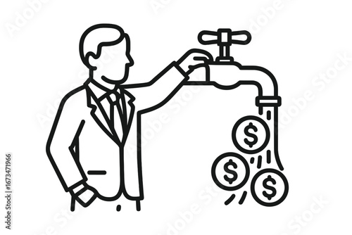 Profitable business concept with money flowing from faucet
