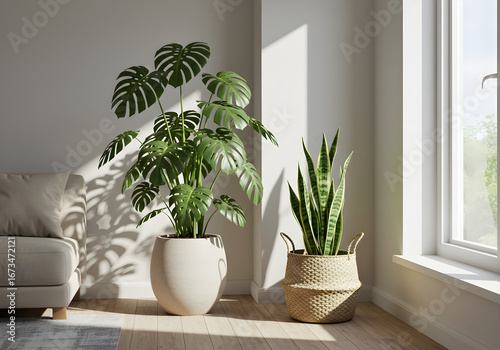 Modern interior plants in bright sunny room create calming indoor oasis and enhance well being
