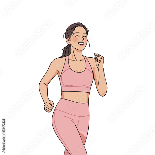 Woman jogging in pink activewear with a joyful expression showcasing fitness and well-being 