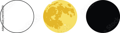 Three moon phases in different styles, including outline, yellow color, and black silhouette