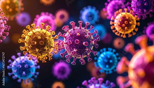 Colorful viruses in a dark background