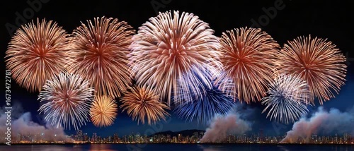 Skyward Symphony: A mesmerizing display of colorful fireworks ignites the night sky above a tranquil body of water, creating a vibrant and celebratory atmosphere. 