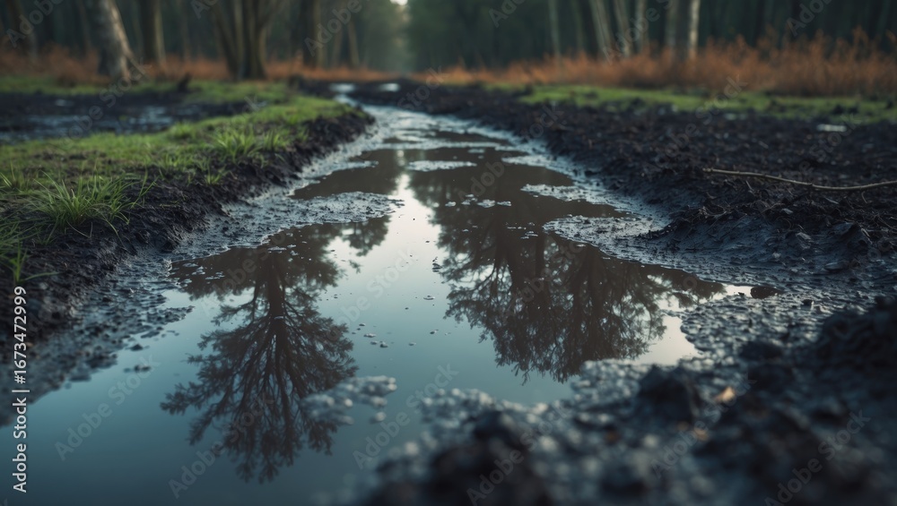 Fototapeta premium A muddy dirt road with puddles reflecting trees and sky, surrounded by a forest landscape.