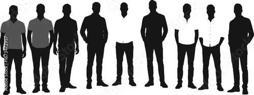Group of nine young men standing in casual and formal outfits, silhouette vector illustration isolated on white backgroundGroup of nine young men standing 
