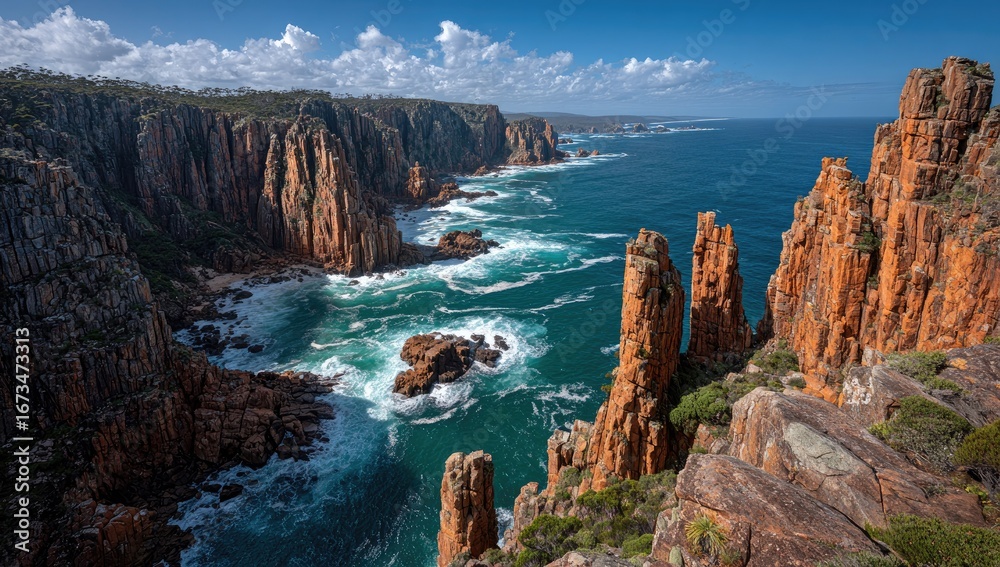 Fototapeta premium Panoramic coastal view; dramatic cliffs, turquoise ocean, and crashing waves