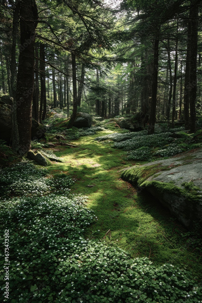 Obraz premium Sunlit forest path through moss-covered rocks