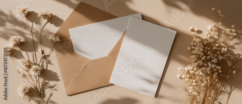 Elegant flat lay of blank greeting cards and envelope surrounded by dried flowers on warm beige background
