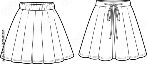Flared skirt front and back view with elastic waistband and drawstring detail, cad drawing, flat vector fashion technical illustration