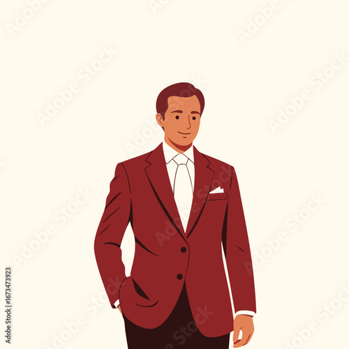 Elegant man in a red suit exuding confidence and charm in a minimalist illustration style 